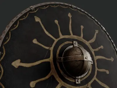Slavic round leather shield-painted black with Sun symbol Low-poly 3D model