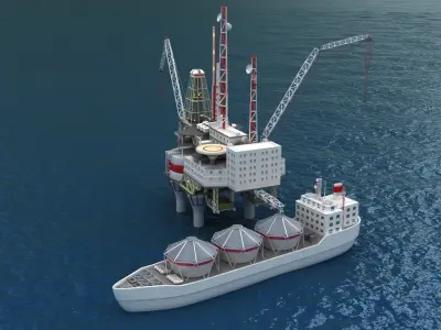 Offshore oil rig drilling platform and tanker 3D model