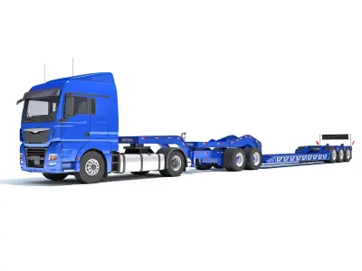 Semi Truck with Lowboy Trailer 3D model 4