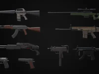 Guns collection and other weapons in box Low-poly 3D model