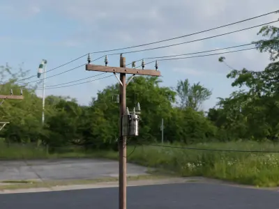 Realistic Wooden Electric Utility Pole with Transformer 3D model
