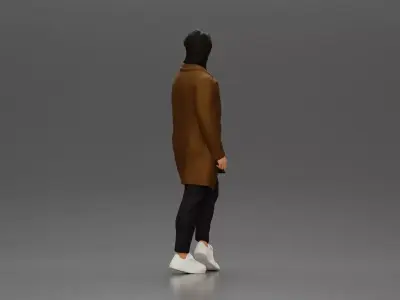 Man in brown coat glances sideways dressed in stylish winterwear 3D print model