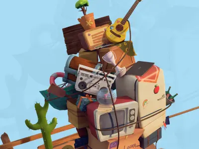 Stylized broken-down car Low-poly 3D model