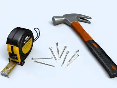 Worker tool set - Hammer Nails Tape Measure  Low-poly 3D model