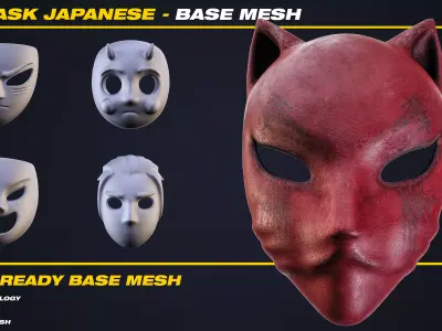 20 Mask Japanese Base Mesh - VOL 15 - Game Ready  Low-poly 3D model