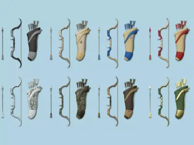 08 Archer Bow Set - Quiver Fantasy Weaponry 3D Model Pack