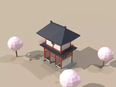 Japanese Romon Two-Story Temple Gate 3D Model Low Poly Low-poly 3D model