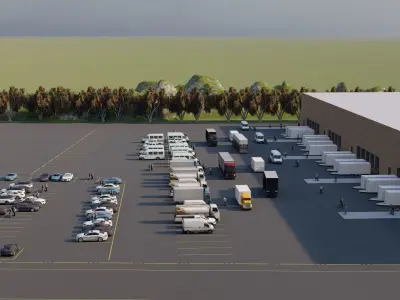 WAREHOUSE MODEL with trucks parked in parking lot 3D model