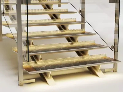 Modern Floating Stairs Glass Railing Architectural Pack PBR 3D model