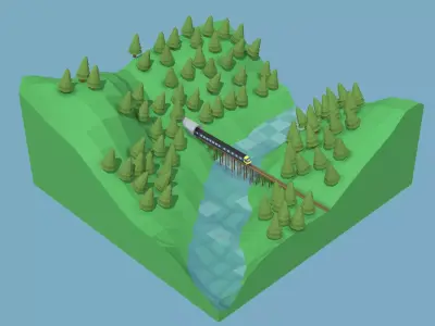 Train On Bridge Low Poly Scene Low-poly 3D model