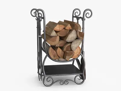 Fireplace Tools with Pile of Wood Low-poly 3D model