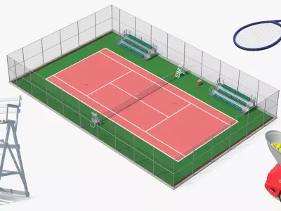 Tennis Court with Umpire Chairs and and Benches 3D model