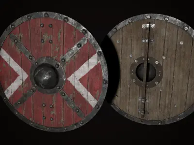 Medieval viking round shield with simple ornament Game ready Low-poly 3D model