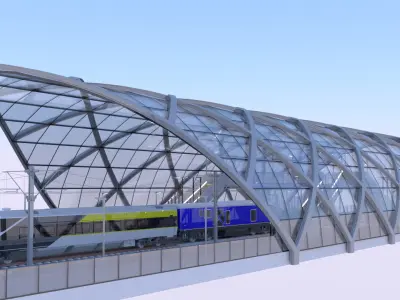 Bridge and station with american train 3D Model Pack