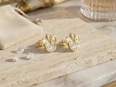 Vintage Motif Floral Fleur De Lis Diamond Stud Earrings 3D print model