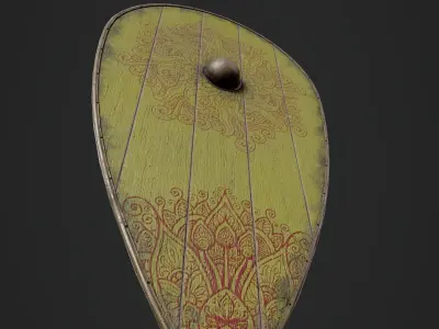Slavic kite wooden shield-painted yellow with flower symbol Low-poly 3D model
