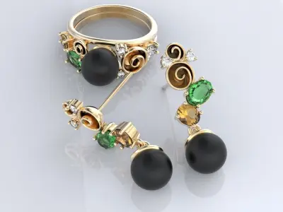 Stylish antique set of earrings and a ring for pearls 389 3D print model
