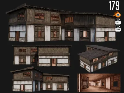 4 Old Buildings Pack 4K Textures GameReady 177 to 180 Low-poly 3D model