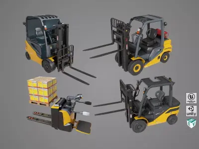 Forklift Trucks and Pallet Yellow Collection All PBR Textures 3D Model Pack