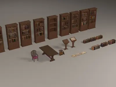 Bookcases library with bookshelves and chairs Low-poly 3D model