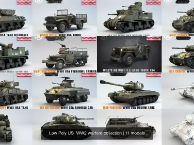 Low Poly US  WW2 warfare collection 3D Model Pack