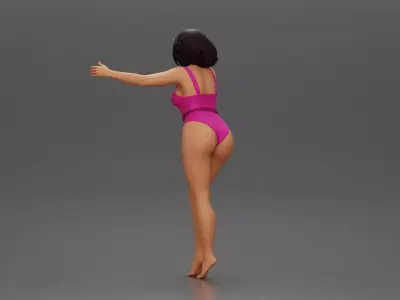 Woman with short black hair wearing pink swimsuit raising arms 3D print model