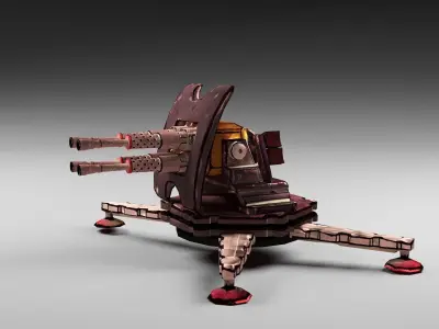 Cartoon 4-gun turret Low-poly 3D model