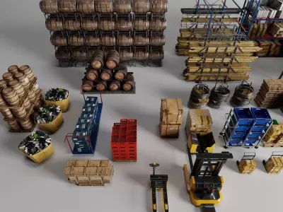 Warehouse Props Pack Pallets Barrels Crates Forklifts Racks Low-poly 3D model
