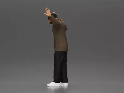 Man wearing hoodie and beanie raises hands looking happy 3D print model