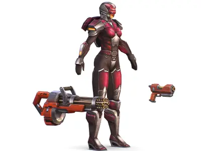 Cyborg Woman Machine Gun with Rifle and Pistol Low-poly 3D model