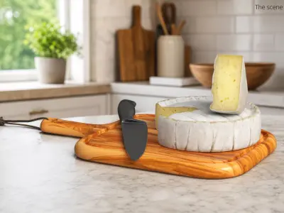 Brie Cheese Wheel on Wooden Board with Knife 3D model