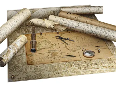 Vintage Map  with Tools  Pack   Low-poly 3D model