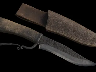 Hunting Knife and Sheath Low-poly 3D model