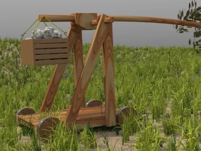 Trebuchet wooden wheelbarrow in middle of field 3D model