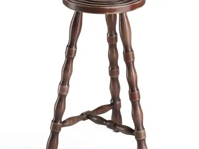French Vintage Turned Oak Stool 3D model