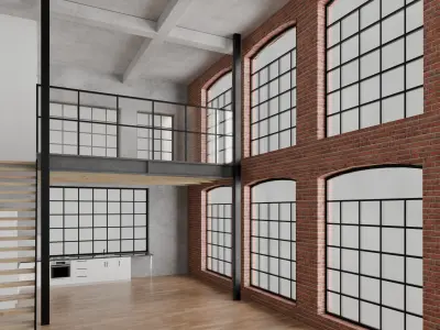 Industrial style warehouse loft conversion interior scene 3D model