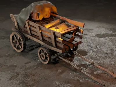 Stylized medieval cart with a lamp and a load Low-poly 3D model purchase