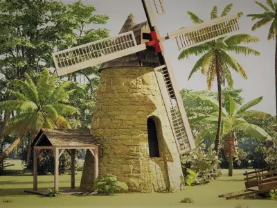 Mill and cart Guadeloupe Low-poly 3D model