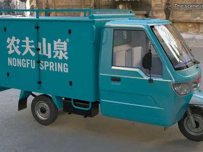 Delivery Trike with Close Body Blue Rigged 3D model