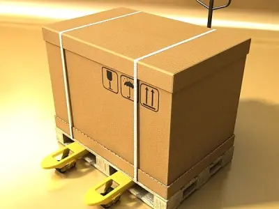 Pallet Jack with Cartons and Metal Drums 3D model