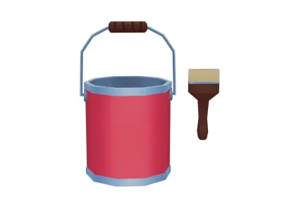 Paint Bucket and Brush - Hand Painted Free 3D model