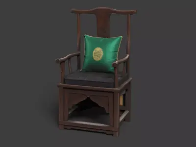 Chinese Dark Cherry Wooden Arm Chair with Pillow  Low-poly 3D model