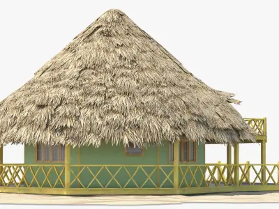 Beach Bungalow with Thatched Roof and Porch on Sand 3D model