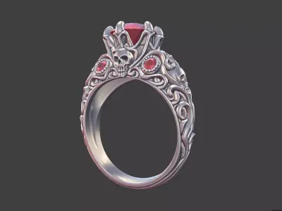 silver antique vintage style skull ring 3D print model