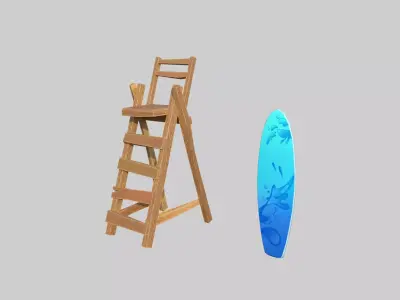 Stylized Beach Chair and Surfboard Low-poly 3D model