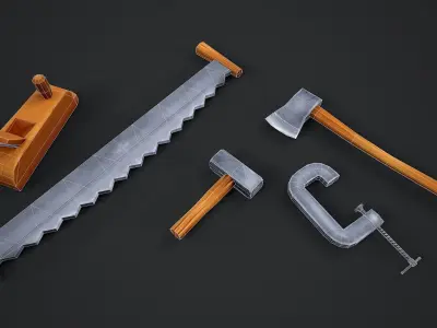 Stylized Carpentry Bench table tools Low-poly 3D model