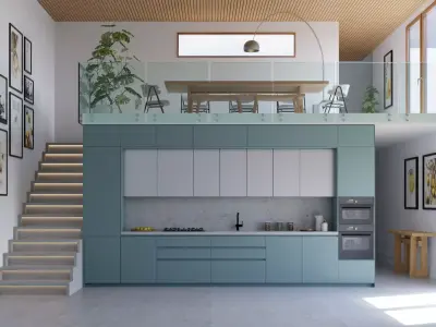 Linear Modern Kitchen blue and chrome with industrial staircase 3D model