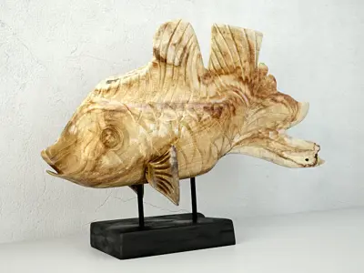 Hand Carved Driftwood Fish On Stand 3D model shop