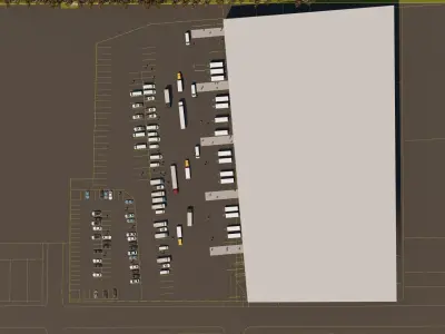 WAREHOUSE MODEL with trucks parked in parking lot 3D model