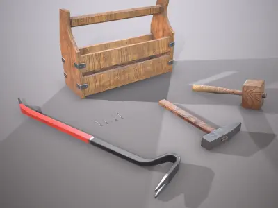Wooden toolbox and tools Low-poly 3D model
